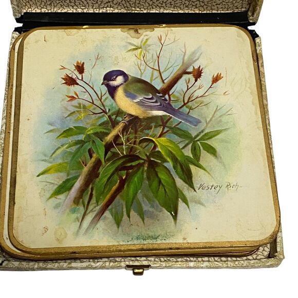 Vintage WIN-EL-WARE 6 Coasters 6" x 6" with Box - Artist Vestey Rich BIRDS - Picture 3 of 14